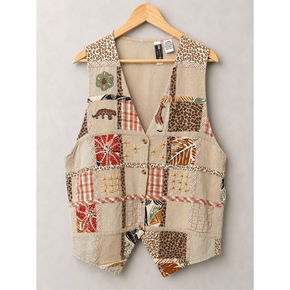 Victoria Jones Woman Safari Patchwork Vest Embroidered Animal Print Cotton XL